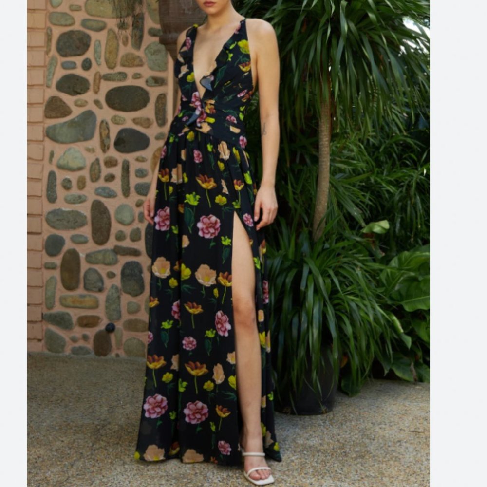 Sau Lee Gina Floral Ruffle Gown, Black with Multi Floral, Size 0
